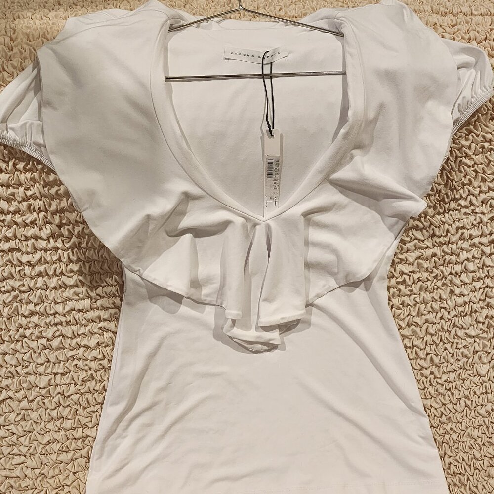 Susana Monaco White Ruffle Top NWT Size Small - Elegant Short Sleeve Blouse